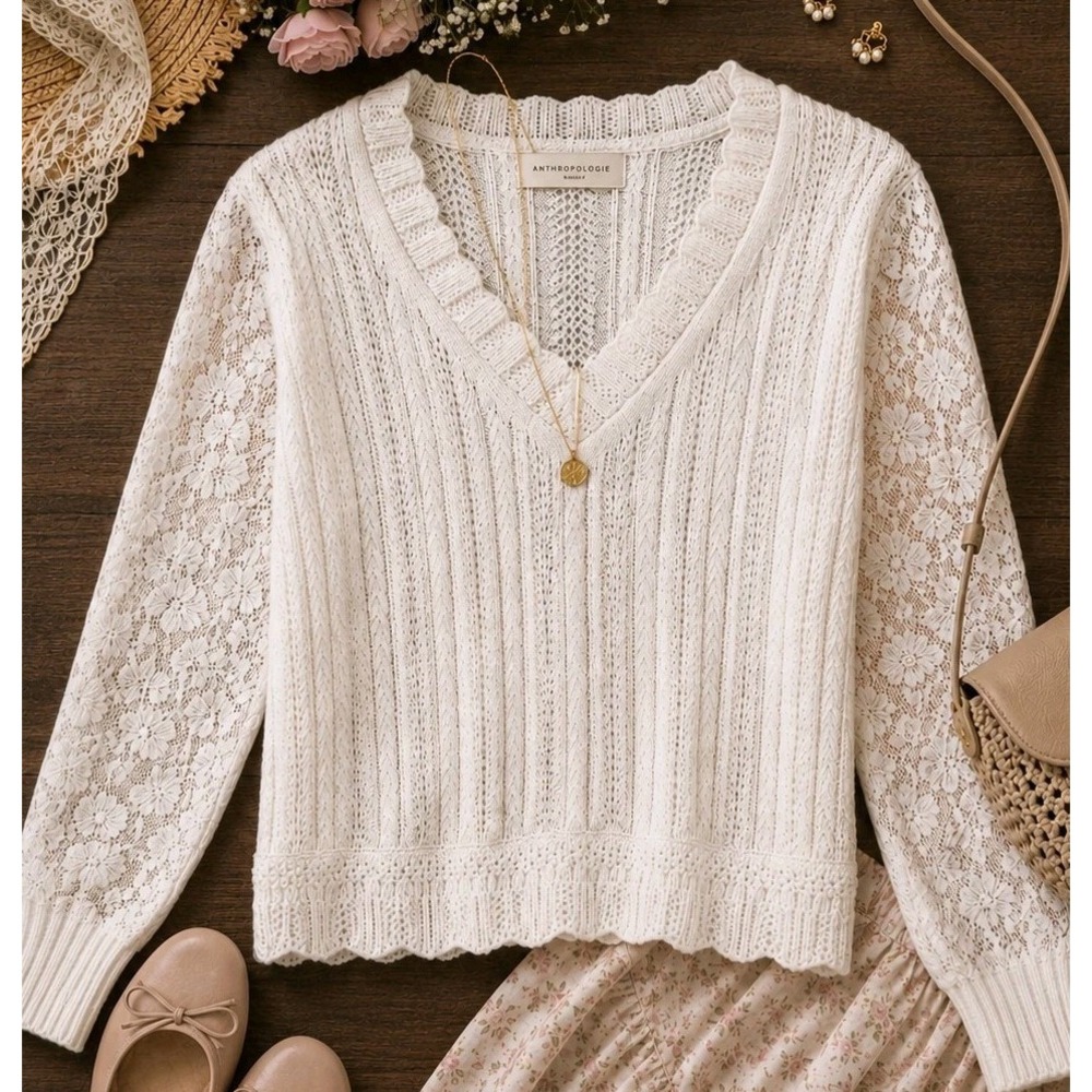 Anthropologie Lace Sleeve Sweater Womens Small White Cable Knit Balletcore Cozy